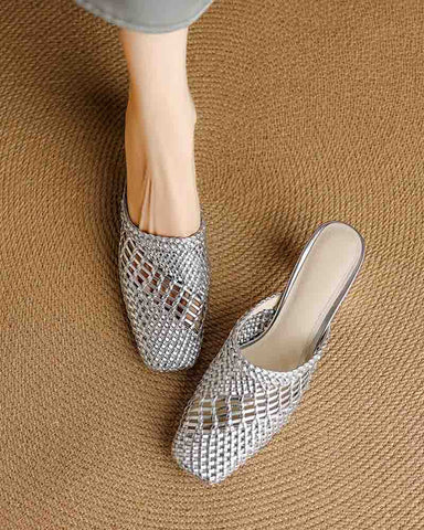 Woven Braided Mid Block Heel Mules