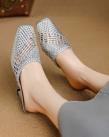 Woven Braided Mid Block Heel Mules