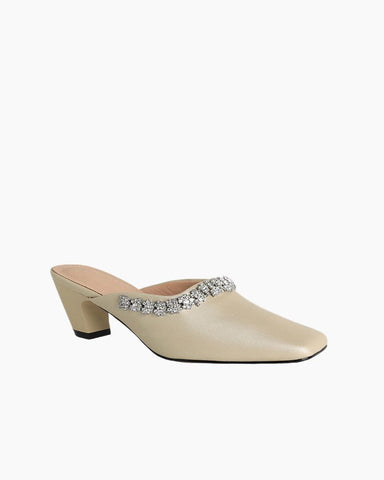 Rhinestone Strap Elegant Mid Heel Mules