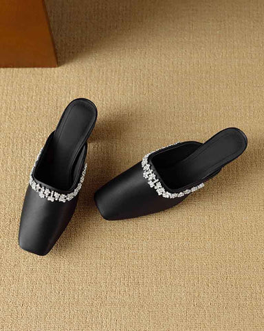 Rhinestone Strap Elegant Mid Heel Mules