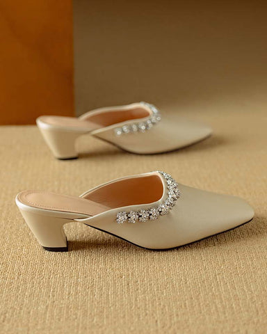 Rhinestone Strap Elegant Mid Heel Mules