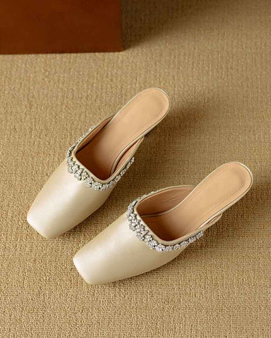 Rhinestone Strap Elegant Mid Heel Mules