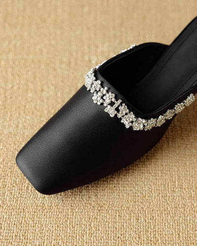 Rhinestone Strap Elegant Mid Heel Mules