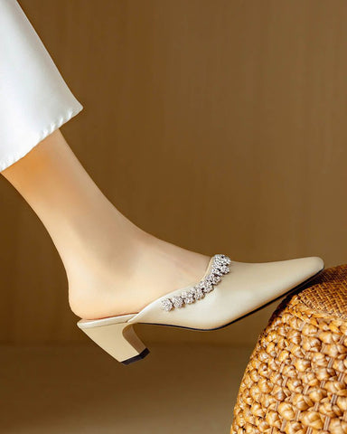 Rhinestone Strap Elegant Mid Heel Mules