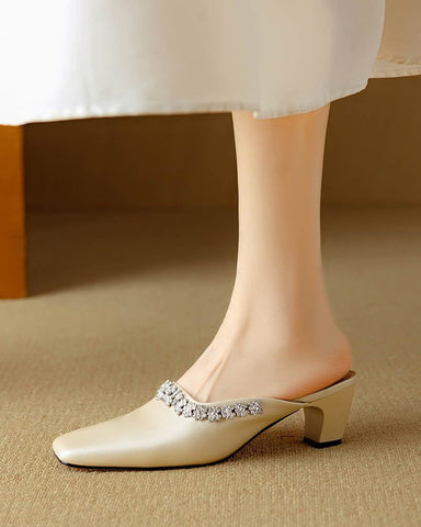 Rhinestone Strap Elegant Mid Heel Mules