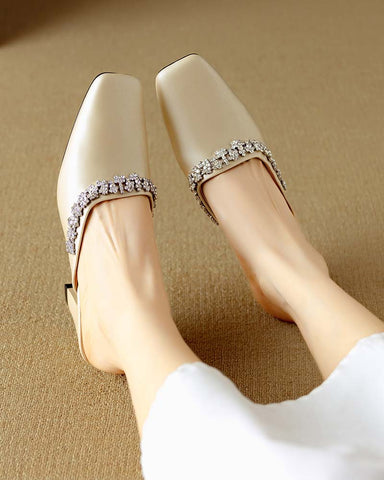Rhinestone Strap Elegant Mid Heel Mules