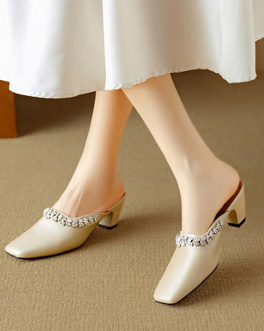 Rhinestone Strap Elegant Mid Heel Mules