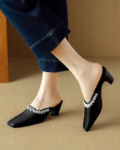 Rhinestone Strap Elegant Mid Heel Mules