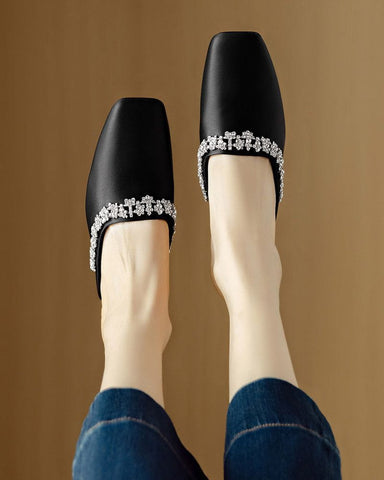 Rhinestone Strap Elegant Mid Heel Mules