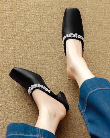 Rhinestone Strap Elegant Mid Heel Mules