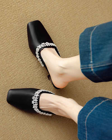 Rhinestone Strap Elegant Mid Heel Mules
