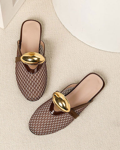 Mesh Round-Toe Buckle-Accent Mule Flats