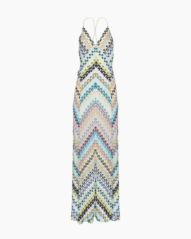 Boho Diagonal Stripe Open-Knit Backless Long Dress
