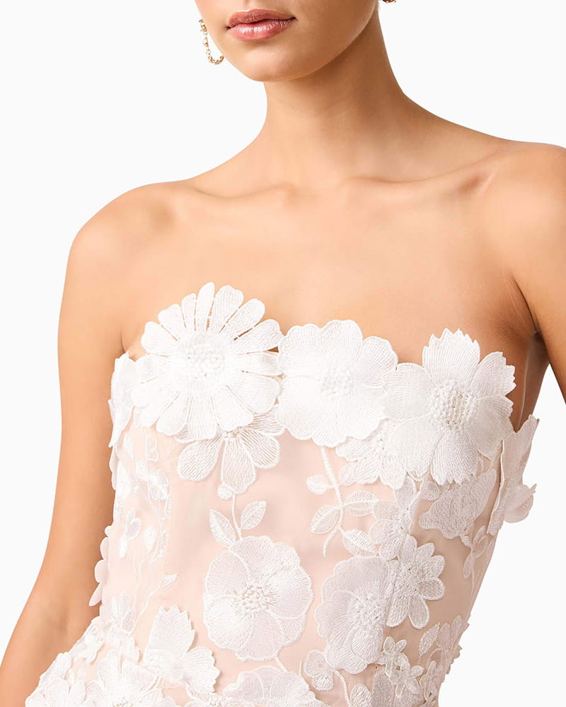 Women's White Strapless 3D Floral Embroidered Tiered Maxi Dress –  LarosaStyle