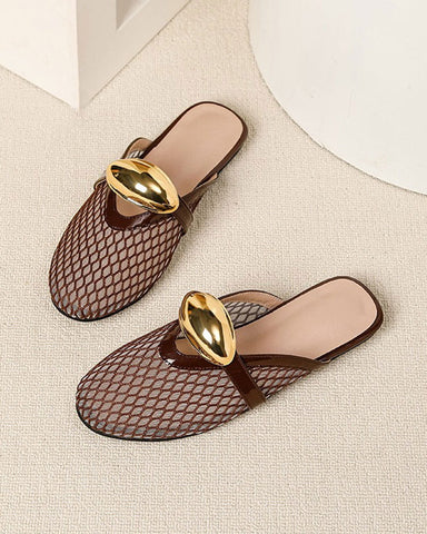 Mesh Round-Toe Buckle-Accent Mule Flats