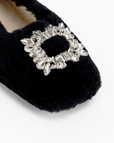 Rhinestone-Square-Buckle-Fuzzy-Slip-On-Slippers-Loafers