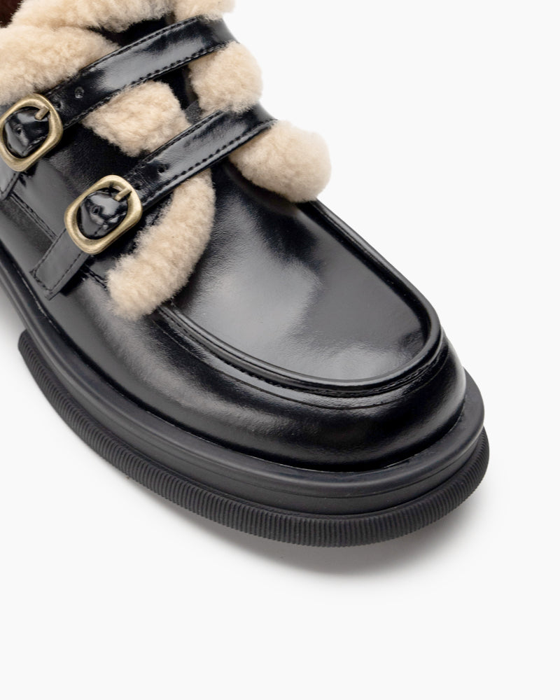 Adjustable Buckles Fur Lined Chunky Platform Loafers