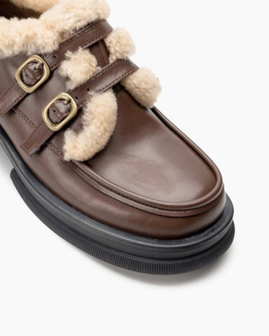 Adjustable Buckles Fur Lined Chunky Platform Loafers