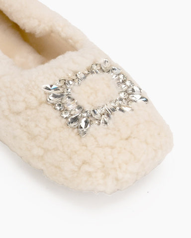 Rhinestone-Square-Buckle-Fuzzy-Slip-On-Slippers-Loafers