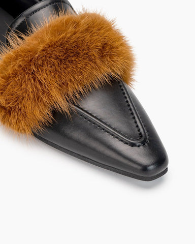 Pointed Toe Faux Fur Slip on Flat Slide Loafers