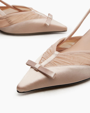 Satin Mesh Slingback Pumps with Bow Detail