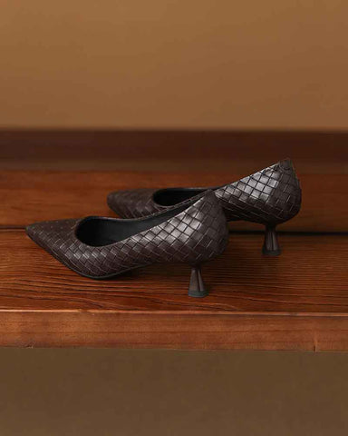 Refined Woven-Pattern Pointed-Toe Mid-Heel Pumps