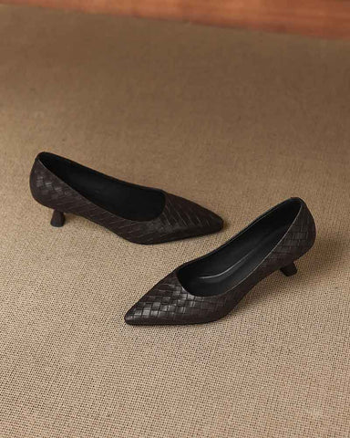 Refined Woven-Pattern Pointed-Toe Mid-Heel Pumps