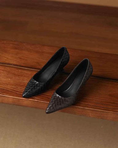 Refined Woven-Pattern Pointed-Toe Mid-Heel Pumps