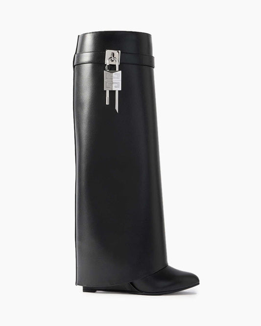 Shark Lock embellished glossed-leather knee boots