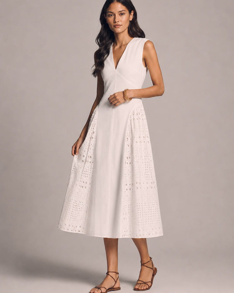 (Pre-sale) Garden Party V-Neck Pleated Midi Daydress White / XS (Pre-sale) Garden Party V-Neck Pleated Midi Daydress White / XS