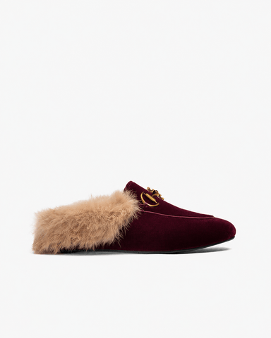 (Clean Up) Classic Metal Buckle Velvet Backless Fur Slip-on Mules