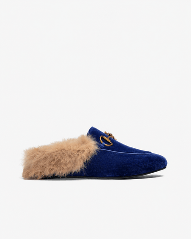 (Clean Up) Classic Metal Buckle Velvet Backless Fur Slip-on Mules