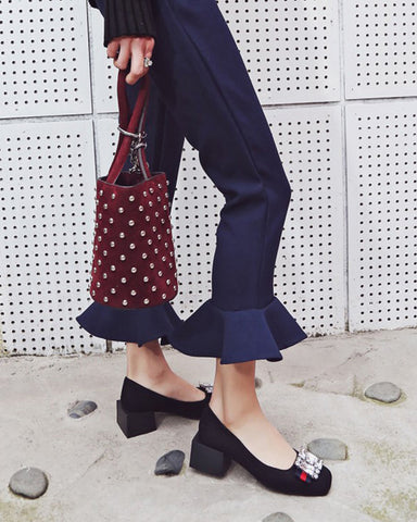 Square Toe Sequins Rhinestones Wedge Loafers