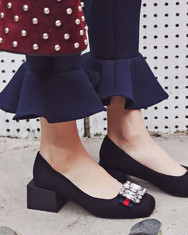 Square Toe Sequins Rhinestones Wedge Loafers