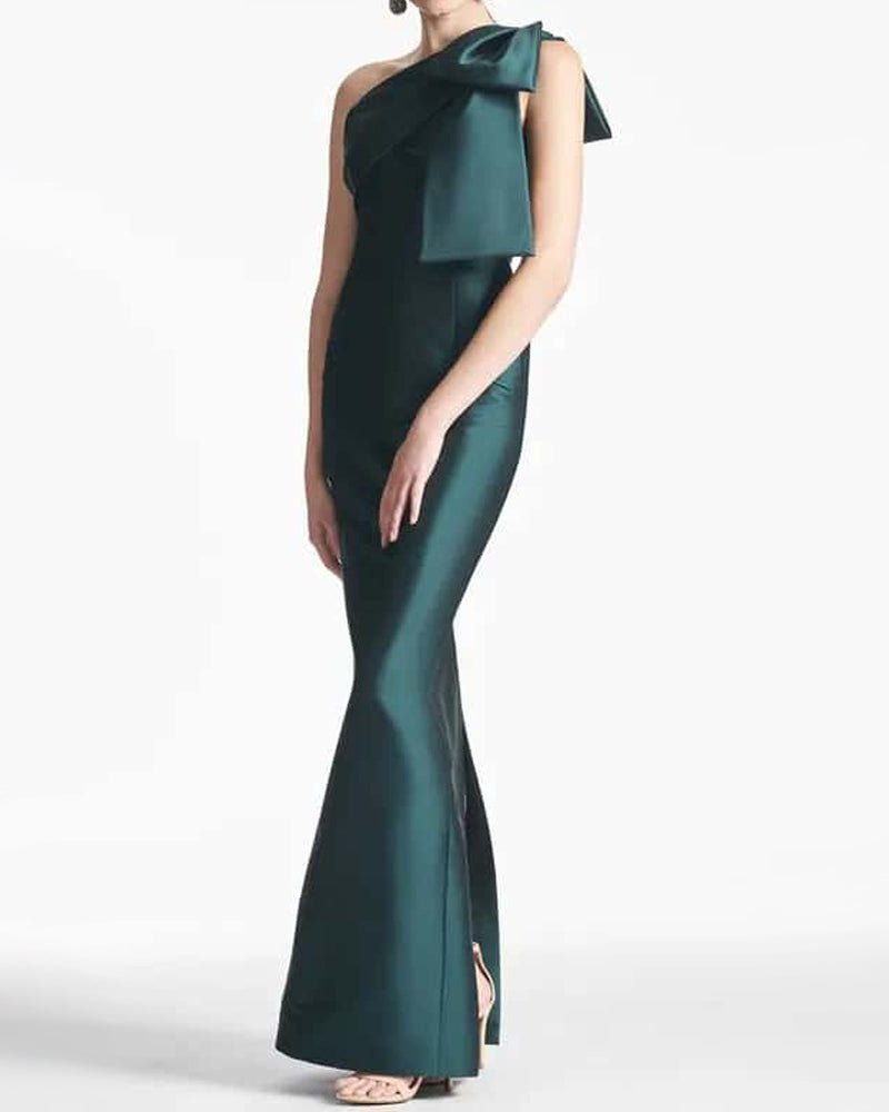 one shoulder trumpet dress Bow One-Shoulder Gown Satin Trumpet Dress Green / 26W