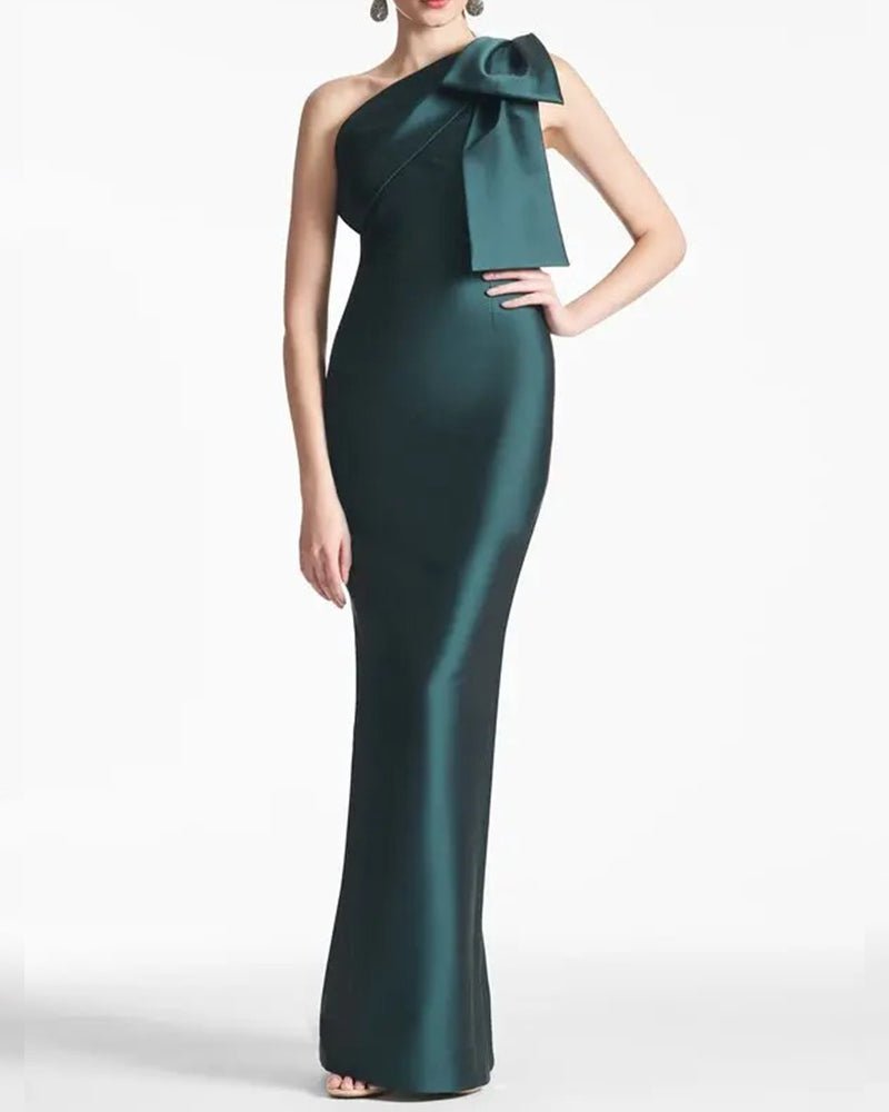 Bow One-Shoulder Gown Satin Trumpet Dress Green / 26W Bow One-Shoulder Gown Satin Trumpet Dress Green / 26W