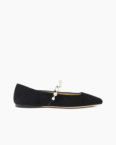 Black Suede Pearl Embellished Strap Mary Jane Flats