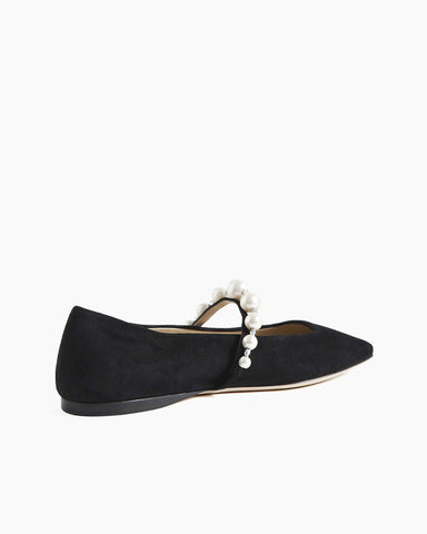 Black Suede Pearl Embellished Strap Mary Jane Flats
