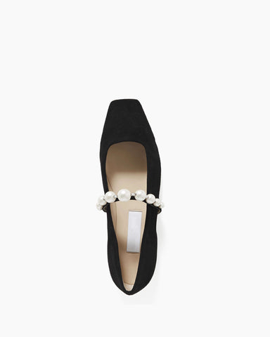 Black Suede Pearl Embellished Strap Mary Jane Flats