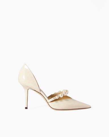 Pearl Strap Cream Patent Leather Stiletto Heels Pumps