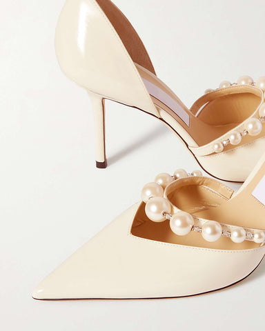 Pearl Strap Cream Patent Leather Stiletto Heels Pumps