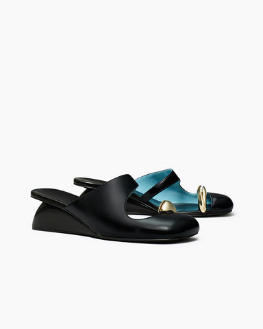 Cutout Vamp Leather Wedge Sculpted Heel Mules