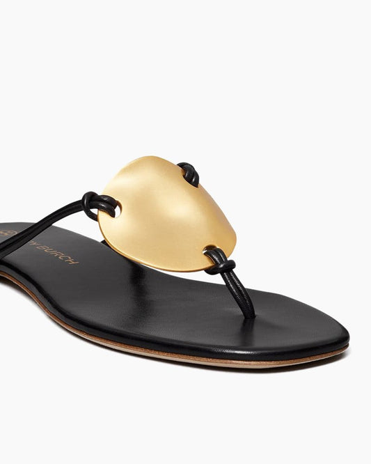 Gold Leaf Accent Black Leather Flat Thong Sandals