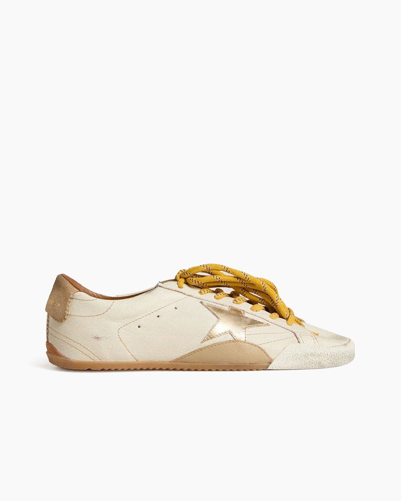 White Leather Sneakers with Gold Star and Beige Heel Tab
