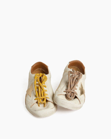 White Leather Sneakers with Gold Star and Beige Heel Tab