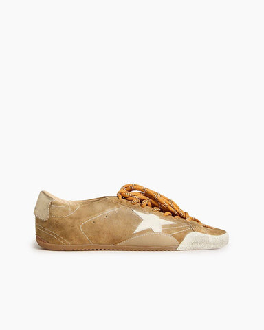 Tobacco Colored Suede Sneakers with White Star and Gold Heel Tab