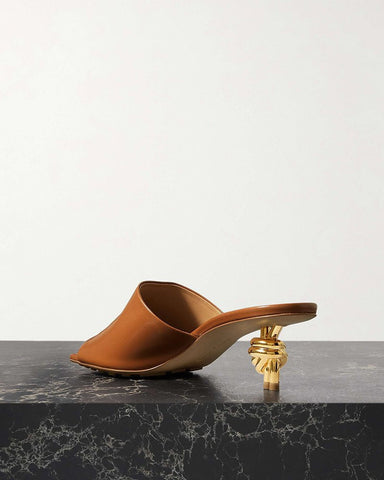 Gold Knot Heel Mules Leather Kitten Heel Pumps