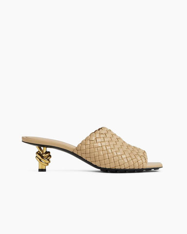 Gold Knot Heel Mules Woven Kitten Heel Pumps