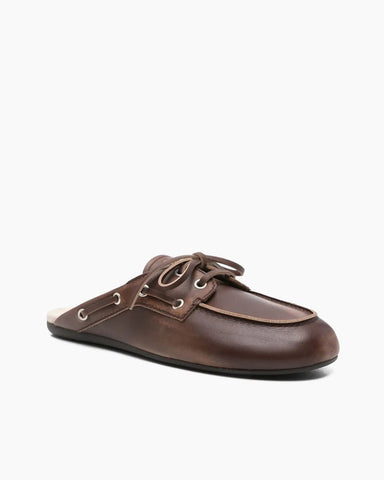 Women's Boat Shoes Brown Leather and Suede Mules