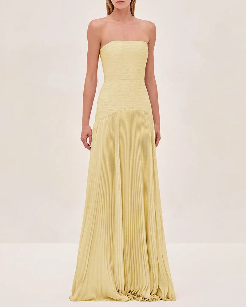pleated strapless maxi dress Navy Blue Satin Dress - Strapless Maxi Dress - Pleated Maxi Dress